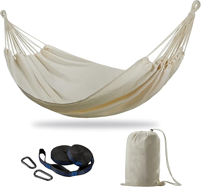 Brazilian Double Hammock with Tree Straps,Extra Large 240x160cm,2 Persons Hammock for Backyard Patio Outdoor and Indoor,450lbs Weight Capacity,Soft Woven Cotton Fabric Natrual White