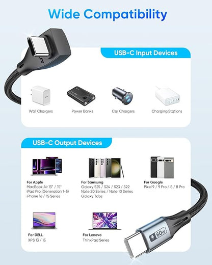 USB C Cable Right Angle - [2Pack 3.3FT] 60W Fast Charging USB C Cable Braided USB Type C Data Cable, 90 Degree C Port Charger Cord for iPhone 17/16/15 Pro Max, Tesla Model Y, MacBook, iPad, Samsung