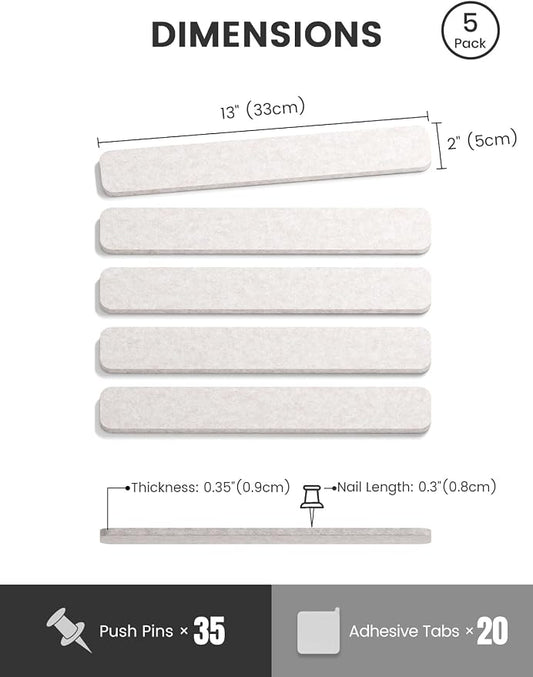 Fluxynara 13" x 2" Felt Wall Panels, Oatmeal | 5-Pack Cork Board Alternative with 35 Push Pins, Adhesive Mounting for Bedroom Door or Home Office