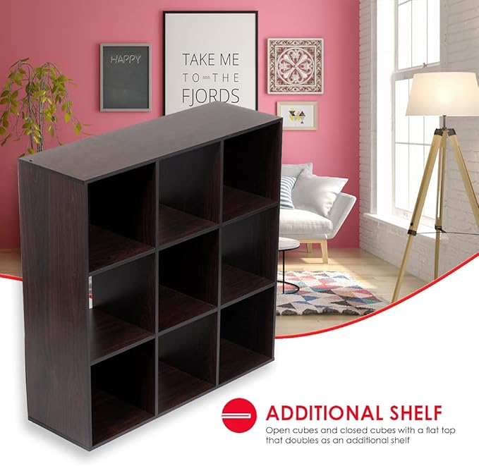Home Basics 9-Cube Storage Organizer with 11" Shelf Opening Espresso MDF Bookcase and Display Shelf | Open and Closed Back Combination | Horizontal or Vertical Orientation