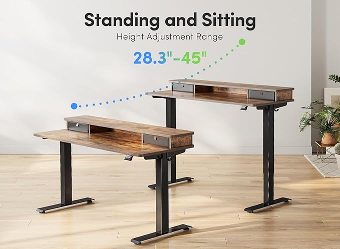 FEZIBO 55 x 24 Inch Height Adjustable Electric Standing Desk with Double Drawer, Stand Up Desk with Storage Shelf, Sit Stand Desk, Rustic Brown