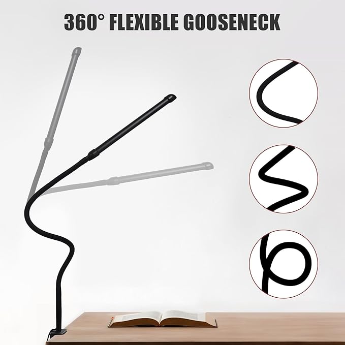 LED Desk Lamp with Clamp, Clamp Light with Adjustable Color Modes,Clip on Light with Long Flexible Gooseneck, Eye-Care Lamp Clamp for Study, Work, Home, Office, (Black, 12W)