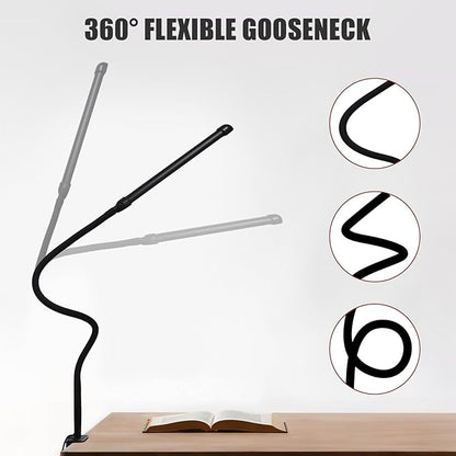 LED Desk Lamp with Clamp, Clamp Light with Adjustable Color Modes,Clip on Light with Long Flexible Gooseneck, Eye-Care Lamp Clamp for Study, Work, Home, Office, (Black, 12W)