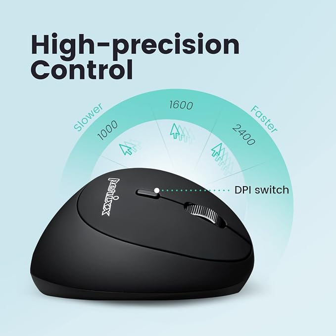Perixx PERIMICE-819B Bluetooth Portable Vertical Mouse - Wireless 3-in-1 Multi-Device Spec - Silent-Click - Portable Compact Size - Black - Right Handed