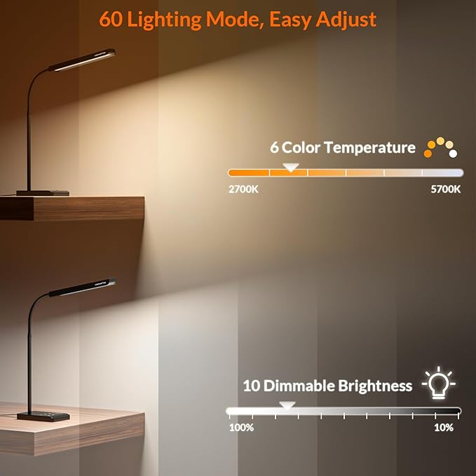 LED Desk Lamp, 12W Reading Desk Lamp for Office Home with 60 Lighting Modes, Touch Control & Timer Function, 750LM Bright Eye-Caring Gooseneck Desk Light Table Lamp for Study, Work, Black