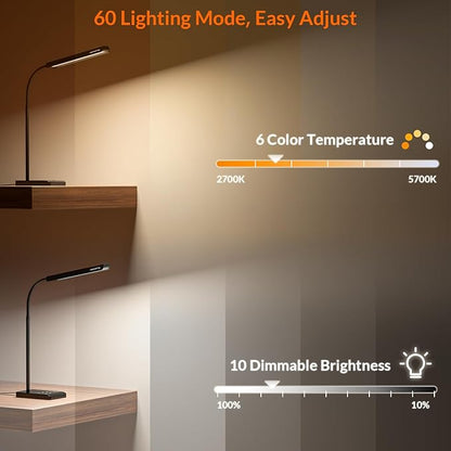 LED Desk Lamp, 12W Reading Desk Lamp for Office Home with 60 Lighting Modes, Touch Control & Timer Function, 750LM Bright Eye-Caring Gooseneck Desk Light Table Lamp for Study, Work, Black