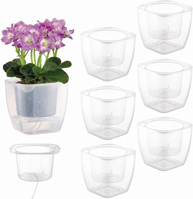 6-Pack 7 Inches Clear Self Watering Planters for Indoor Plants Large African Violet Plant Pots Plastic Wick Flower Pots with Water Injection Hole, Orchid Plant Pot Set, Clear