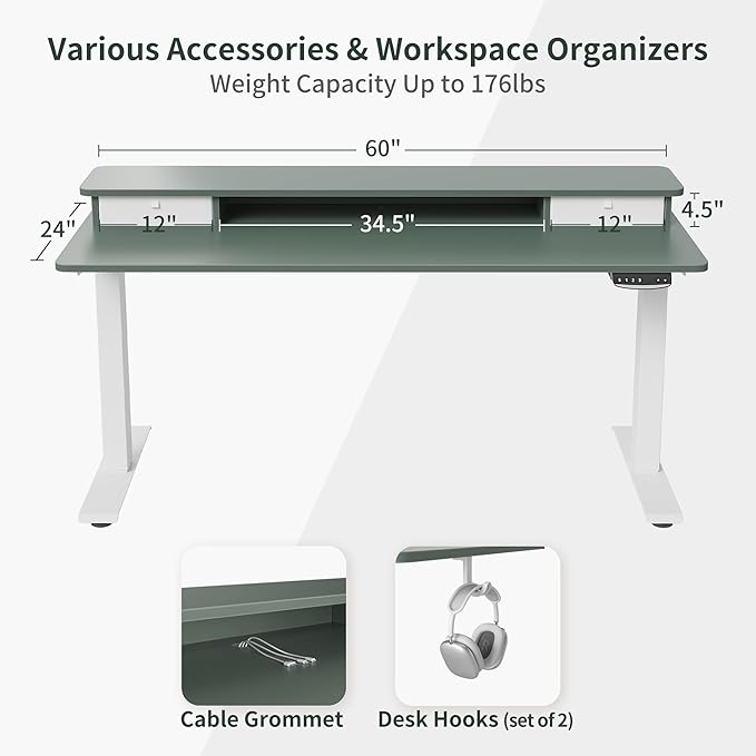 FEZIBO 60 x 24 Inch Height Adjustable Electric Standing Desk with Double Drawer, Stand Up Desk with Storage Shelf, Sit Stand Desk, Green