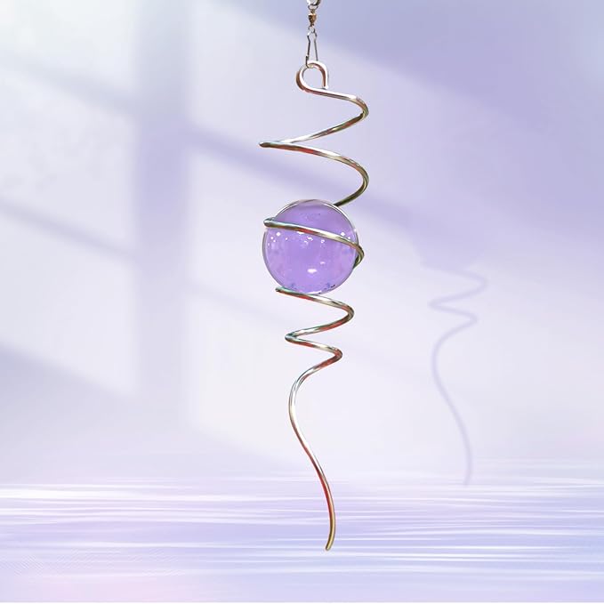 Gazing Ball Spiral Tail with Purple Glass Orb, Wind Spinners Stabilizer, Stainless Steel Wind Spinner Tail, Outdoor Décor, Hanging Garden Sculptures Decoration Ornament 13inch Height