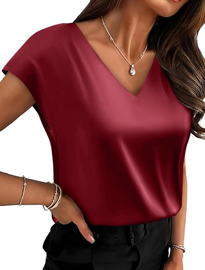 WIHOLL Womens Satin Summer Tops Cap Short Sleeve Blouses V Neck Shirts Business Casual Outfits Fashion Clothing 2026