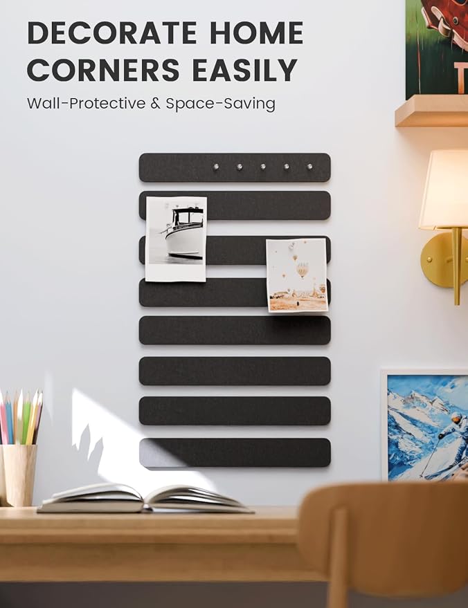 Fluxynara 13" x 2" Felt Wall Panels, Black | 8-Pack Includes 50 Push Pins and Adhesive Tabs for Photos, Notes and Decor in Bedroom Doors, Home Office or Studios