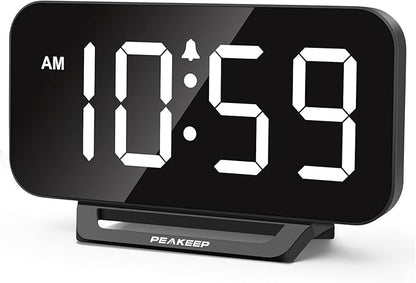 Peakeep Small Digital Alarm Clock for Bedrooms, Loud for Heavy Sleepers | Dimmable Plug in Electric Large Numbers Clock Battery Backup, Slim Clock for Table Office Modern Living Room (BW)