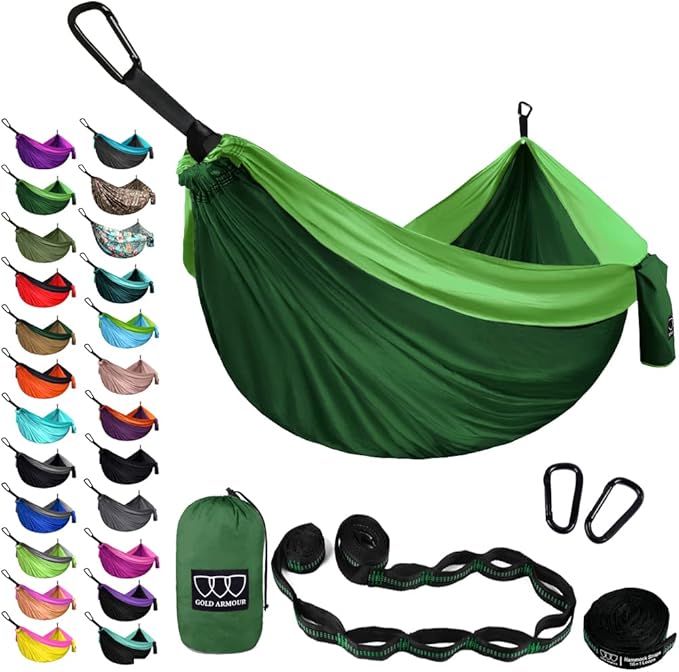 Gold Armour Camping Hammock - XL Double Hammock Portable Hammock Camping Accessories Gear for Outdoor Indoor with Tree Straps, USA Based Brand (Green)