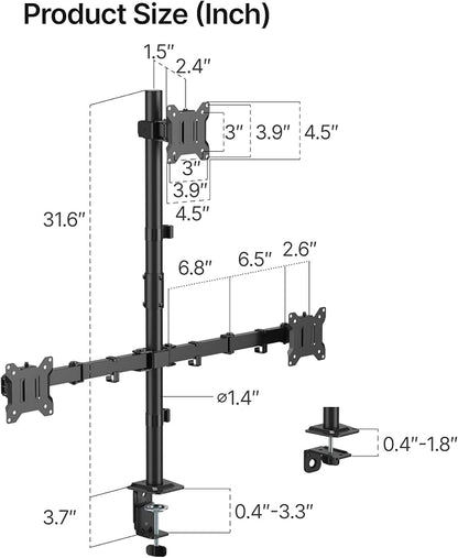 monTEK Triple Monitor Stand for 17-32" Screens, 22 lbs Each | Three-screen desk mount, height adjustment, tilt, swivel, rotation, clamp/grommet bases and VESA 75/100