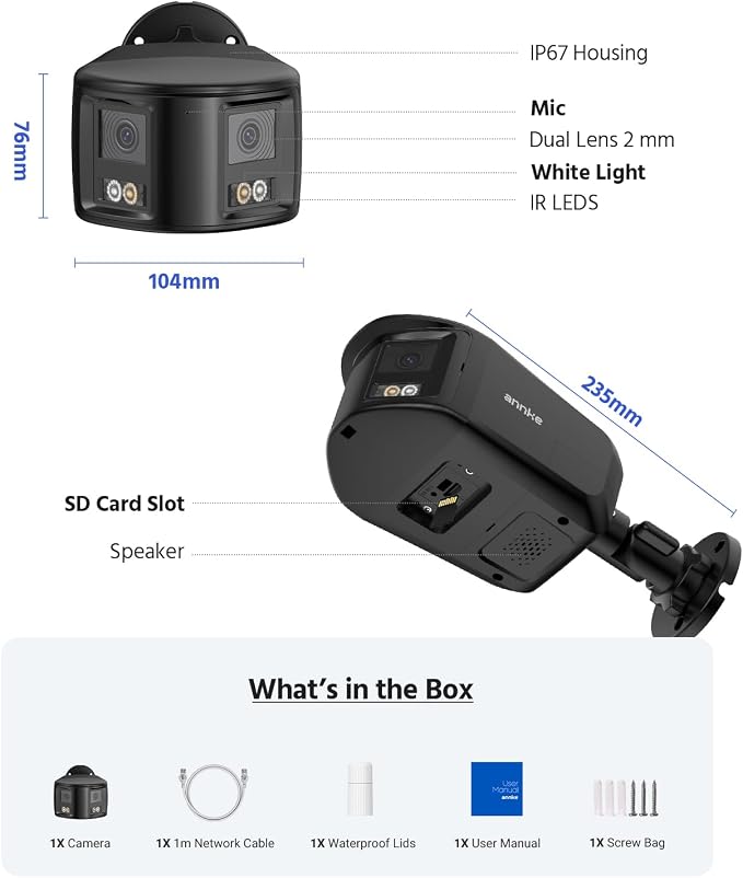 ANNKE FCD800 4K 8MP Dual-Lens PoE Security Camera, 2mm 180°Wide Angle, Smart Dual Light Color Night Vision, Two-Way Audio, Light&Sound Alarm, AI Human/Vehicle Motion Detection, H265+, IP67