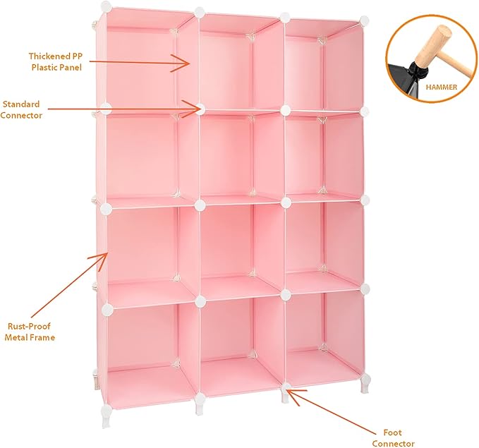 Gold Armour Cube Storage 12-Cube Bookshelf Closet Organizer Storage Shelves Cubes Organizer Plastic Square Book Shelf Bookcase DIY Closet Cabinet Organizer Shelving for Home Office Bedroom (Pink)