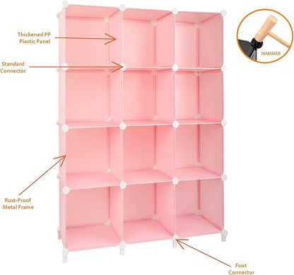 Gold Armour Cube Storage 12-Cube Bookshelf Closet Organizer Storage Shelves Cubes Organizer Plastic Square Book Shelf Bookcase DIY Closet Cabinet Organizer Shelving for Home Office Bedroom (Pink)