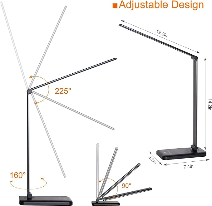 LED Desk Lamp Dimmable Table Reading Lamp with USB Charging Port, 5 Lighting Modes, Sensitive Control, 30/60 Minutes Auto-Off Timer, Eye-Caring Office Lamp (Black)