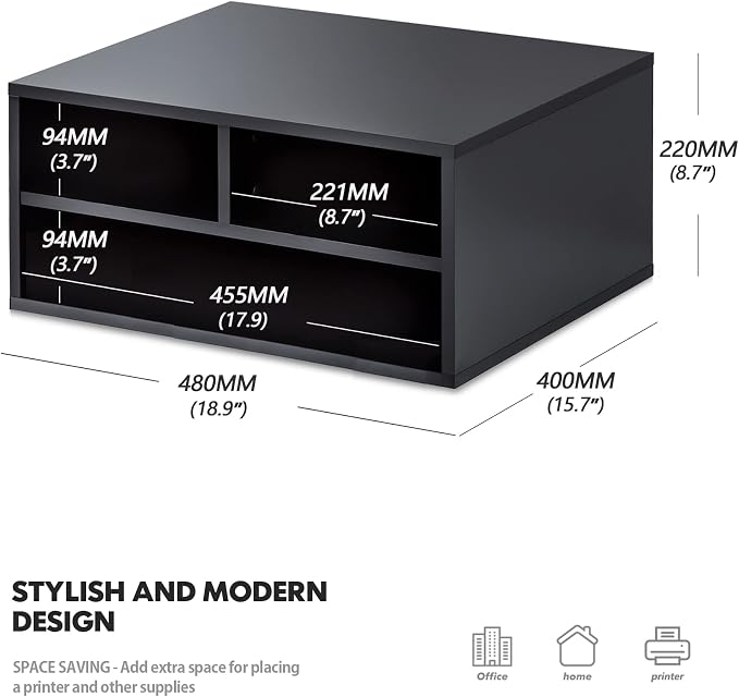 FITUEYES Large Printer Stands with 3 Storage Compartments, Desktop Paper Organizer Shelf for Home Office, 2-Tier Printer Riser, Black, 18.9" L x 15.7" W x 8.7" H