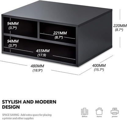 FITUEYES Large Printer Stands with 3 Storage Compartments, Desktop Paper Organizer Shelf for Home Office, 2-Tier Printer Riser, Black, 18.9" L x 15.7" W x 8.7" H