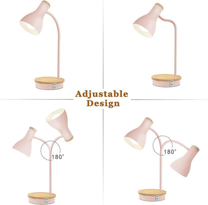 Metal Desk Lamp Touch Reading Lights Table Lamp Arc Desk Lamps for Bedroom, 3 Way Dimmable Bedside Lamp with USB Charging Ports, Reading Lamp for Study Room and Office (Pink-02)