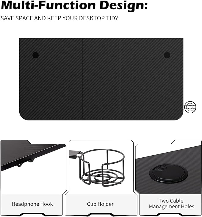 TOPSKY Gaming Desk Large Surface 63’’x31.5’’ with Cup Holder, Headphone Hook and Cable Management (Black)