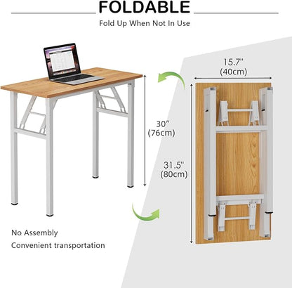 Need Small Computer Desk 31.5 in Folding Home Office Table Teak | White Frame Writing Gaming Work Table/Sturdy Foldable Study Table for Small Space/Dormitory, No Assembly Required