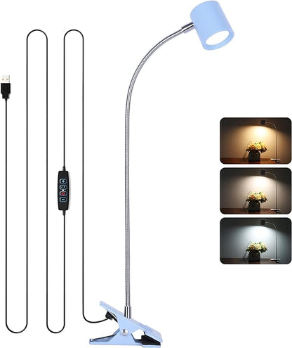 Dott Arts Desk Lamp,USB Clip On Light with 3 Color Modes,LED 10 Levels Brightness Reading Lamp, 360°Gooseneck Book Light,Eye-Care Reading Light for Home Office,Headboards Blue
