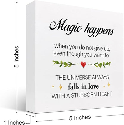 Inspirational Wood Sign,Magic Happens When You Do not Give Up Wood Block Sign Desk Decor,Motivational Sign Wooden Box Plaque Sign for Home College Office Shelf Table Decor Decorations