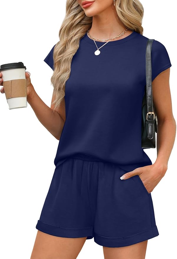 WIHOLL 2 Piece Sets for Women Casual Summer Travel Vacation Outfits Cap Sleeve Shorts Lounge Set
