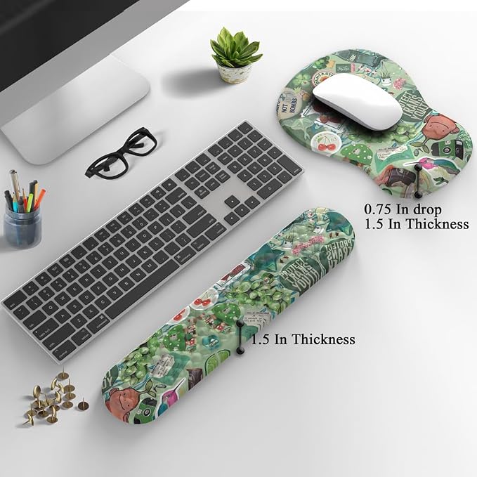Mint Green Keyboard Wrist Rest Support Mouse Pad&Keyboard Set, Cute Green Ergonomic Mousepad Non-Slip Base Desk/Office Pain Relief&Easy Typing Pad with Neoprene Cloth&Raised Curved Memory Foam