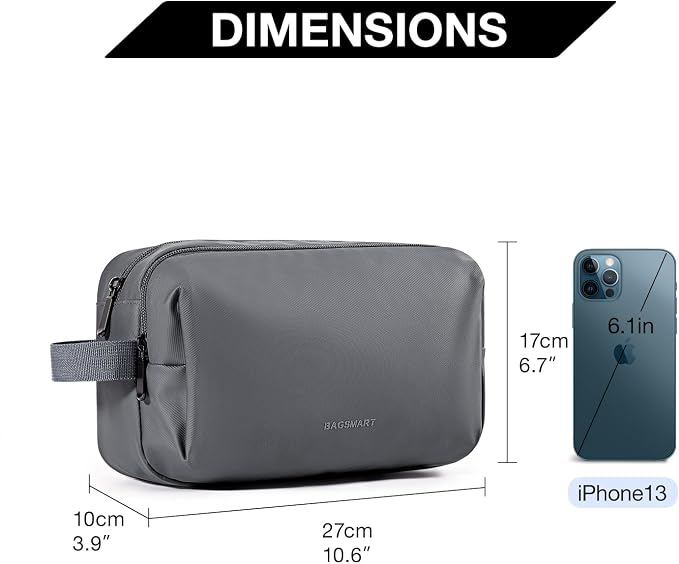 BAGSMART Toiletry Bag for Men, Travel Toiletry Organizer Dopp Kit Water-resistant Shaving Bag for Toiletries Accessories, Door Room Essentials,Grey-basic