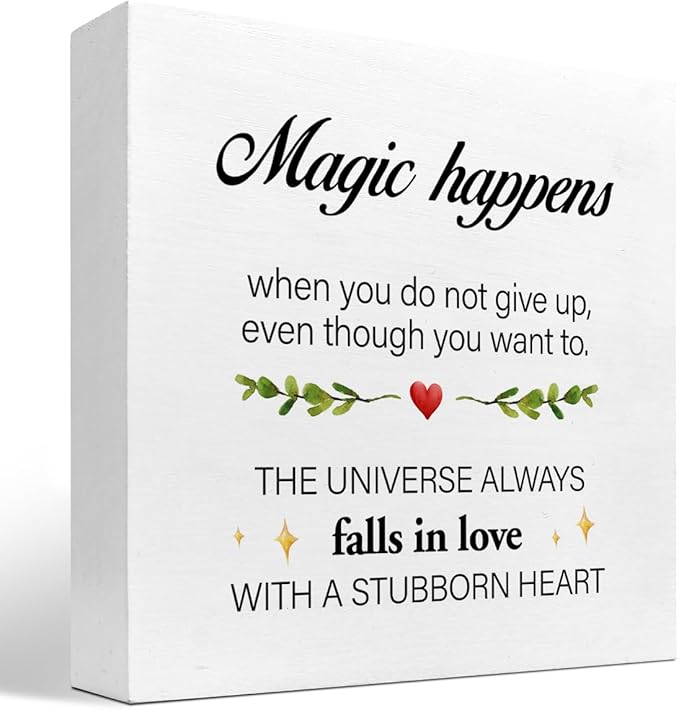Inspirational Wood Sign,Magic Happens When You Do not Give Up Wood Block Sign Desk Decor,Motivational Sign Wooden Box Plaque Sign for Home College Office Shelf Table Decor Decorations