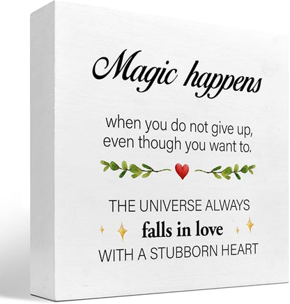 Inspirational Wood Sign,Magic Happens When You Do not Give Up Wood Block Sign Desk Decor,Motivational Sign Wooden Box Plaque Sign for Home College Office Shelf Table Decor Decorations