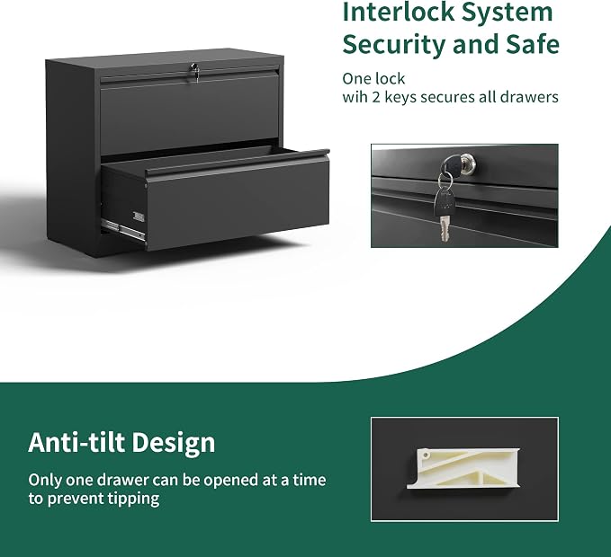 2 Drawer Lateral File Cabinet, Metal File Cabinets for Home Office Legal/Letter A4 Size, File Cabinet with 2 Drawer Storage Cabinet, Require Assembly, Black