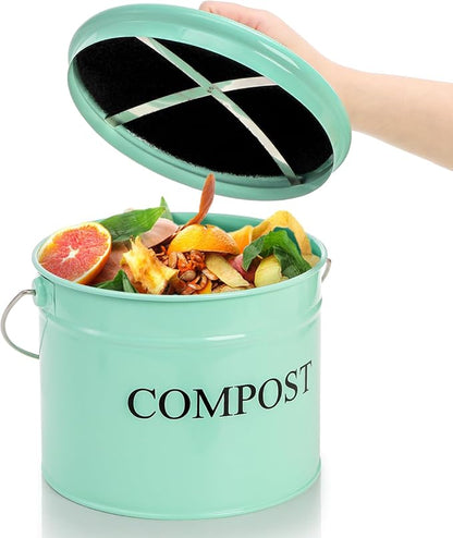 AVLA Kitchen Compost Bin, 1 Gallon Countertop Food Waste Container, Odorless Composter Bucket with Lid and Charcoal Filter, Indoor Metal Composting Pail, Mint Green