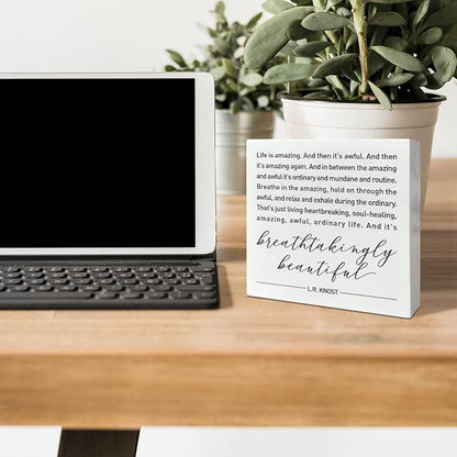 Home Office Desk Wooden Box Sign Decor, And It's Breathtakingly Beautiful, Inspirational Quotes Desk Decor Motivational Desk Decorations for Women Men Student Office Classroom School