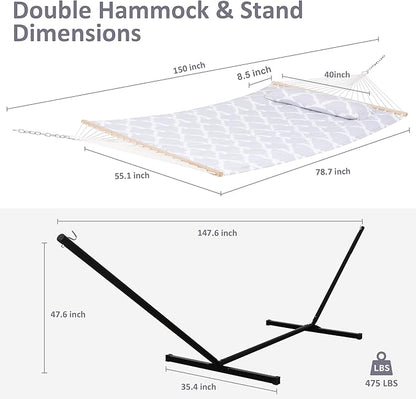 SUNCREAT Double Hammock, Extra Large Quilted Fabric Swing with Hardwood Spreader Bars & Detachable Pillow, Heavy Duty, Perfect for Indoor/Outdoor Patio, Deck, Yard, Gray Cloud