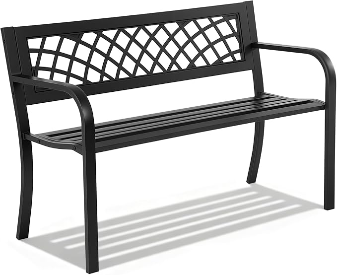 Garden Bench,Outdoor Benches,Iron Steel Frame Patio Bench with Mesh Pattern and Plastic Backrest Armrests for Lawn Yard Porch Work Entryway,Black