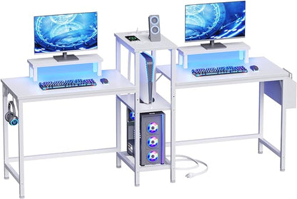Furologee 2 Person Gaming Desk with LED Lights, 71 Inch Computer Desk with Power Outlets and Monitor Stand, Double Desk with Storage Bag and Headphone Hooks, Study Writing Table for Home Office, White