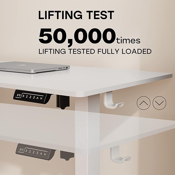 White Standing Desk, 48 X 24 Inch Adjustable Height Electric Desk, Sit Stand Desk with Splice Board and 2 Hooks, Ergonomic Rising Desk for Home Office