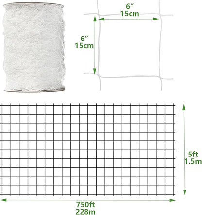 Nylon Trellis Netting Roll 5 x 750 ft, 6 Inch Soft Mesh, Heavy Duty Reinforced Garden Plant Support Mesh for Vertical Growing, Climbing Plants