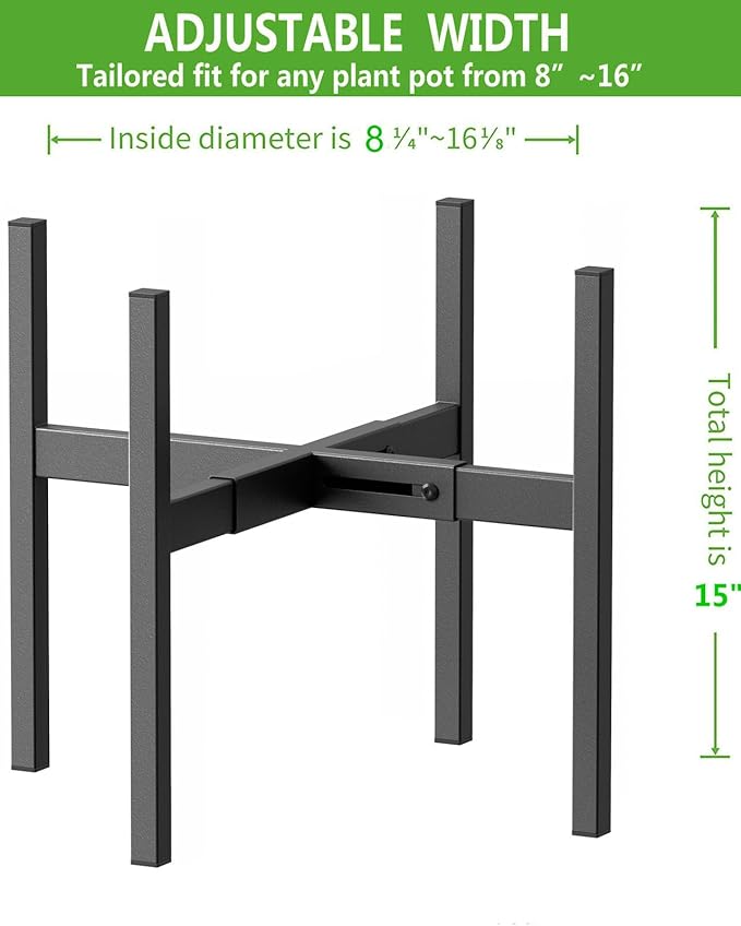 Metal Plant Stand, Adjustable Size Fits 10 12 13 14 15 16 Inches Large Planter Pot,Mid Century Expandable Plant Holder Indoor Outdoor Corner (HeavyBlack, Fits all pots between 8" and 16")