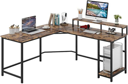 L-Shaped Computer Desk with Monitor Stand and Storage Shelves, Large Corner Desks for Home Office