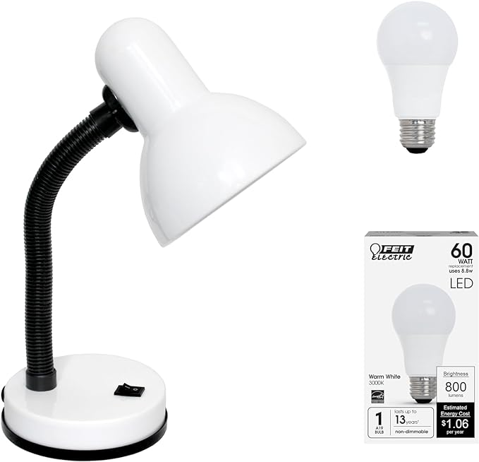Simple Designs LD1003-WHT-LB 14.25" Basic Metal Desk Lamp with Flexible Hose Neck for Office, Living Room, Bedroom, College Dorm, Bookshelf, White, with Feit LED Bulb Included