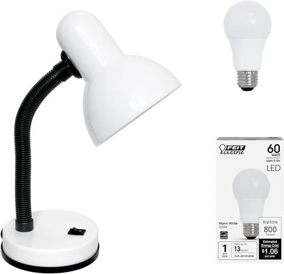 Simple Designs LD1003-WHT-LB 14.25" Basic Metal Desk Lamp with Flexible Hose Neck for Office, Living Room, Bedroom, College Dorm, Bookshelf, White, with Feit LED Bulb Included