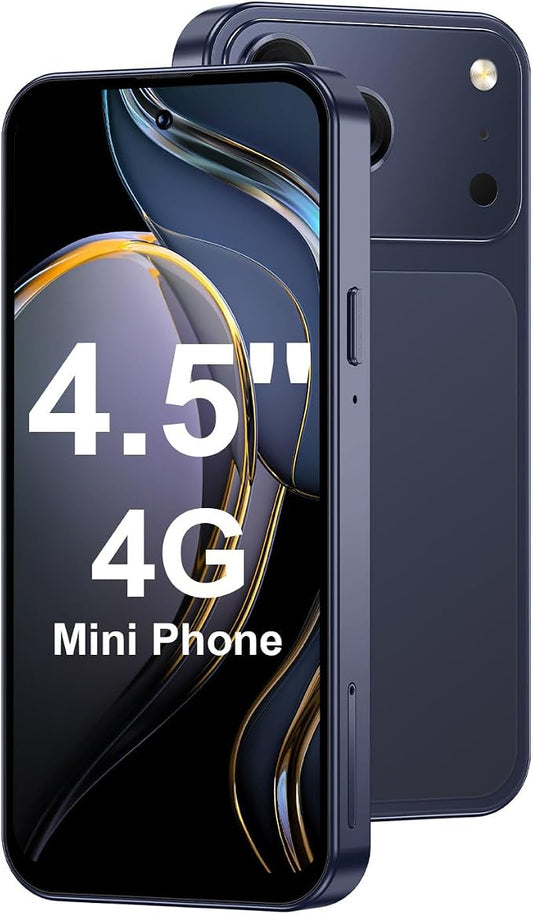 4.5'' Mini Phone 64GB Unlocked 4G Mobile Smartphone with 2000mAh Battery Compact Backup Mini Phone for Kids & Students Dual SIM Face ID Blue
