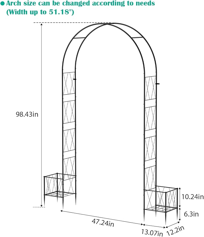Garden Arch Arbor Trellis with Planter Boxes 8.2 Ft Metal Arch Trellis for Climbing Plants Outdoor, Wedding Arches Backdrop Stand for Ceremony, Halloween, Christmas, Decorations Pergola, Black