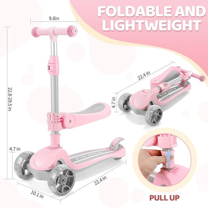 Kids Scooter with Seat, 2 in 1 Kick Toddler Scooter with LED Light-Up Wheels and Light up Deck, 4 Adjustable Heights, Lean to Steer, 3 Wheels Scooter Suitable for Boys & Girls Ages 2-8 Years