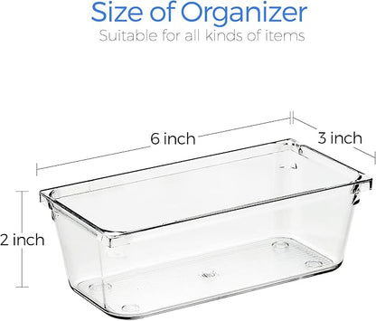 Ravinte 6 Pack Drawer Organizer, 3" x 6" Plastic Storage Bins | Acrylic Tray Design, Non-Slip Pads, For Makeup, Jewelry, Kitchen Utensils, Bathroom, Office Storage